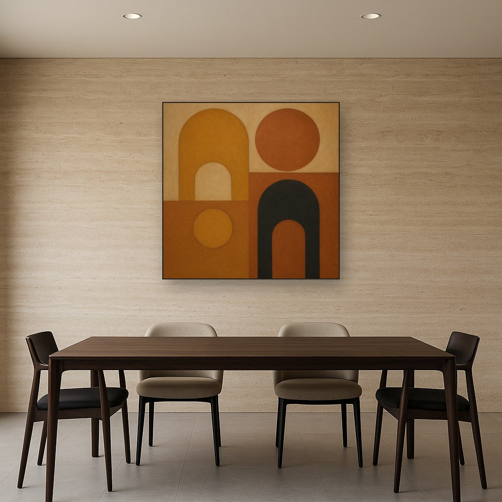 Arch & Circle Equilibrium in Warm Earth Tones No. 8 Oil Painting Staged Above Dining Room Credenza, Elegant Hand Painted Oil Art for Dining Room Walls