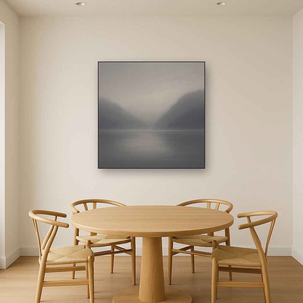 Misty Fjord Horizon in Monochromatic Slate No. 20 Oil Painting Staged Above Dining Room Credenza, Elegant Hand Painted Oil Art for Dining Room Walls
