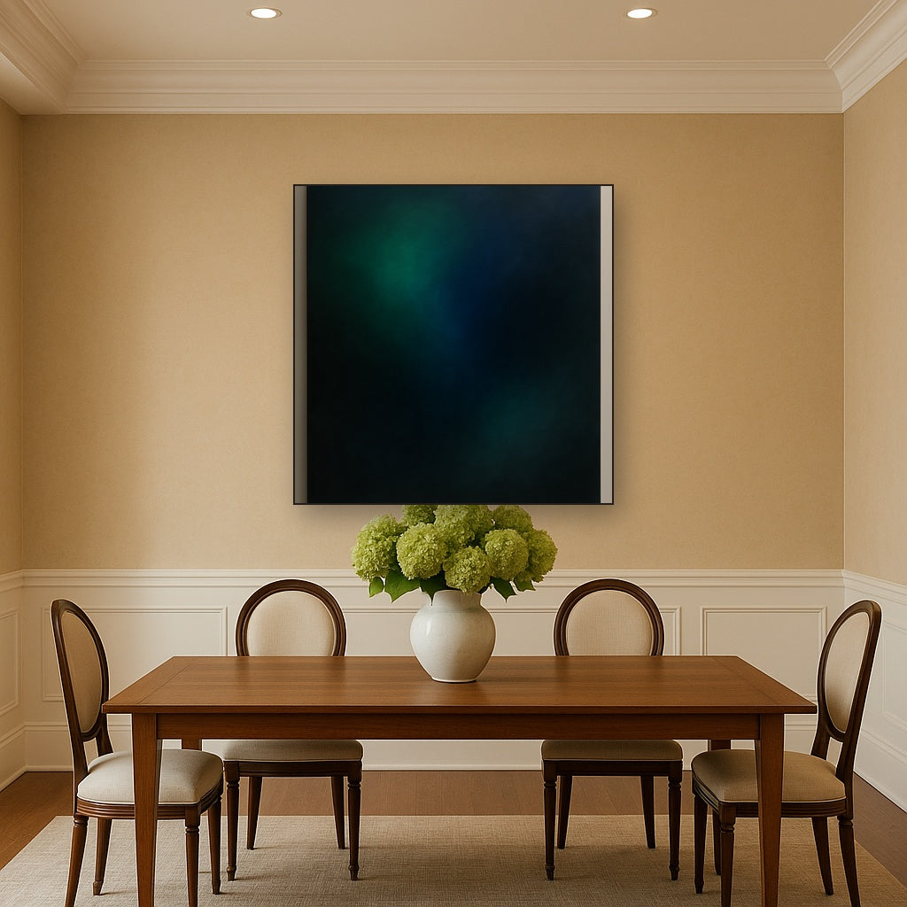 Emerald & Midnight Sapphire Sfumato Immersion No. 8 Oil Painting Staged Above Dining Room Credenza, Elegant Hand Painted Oil Art for Dining Room Walls