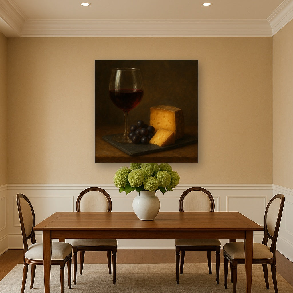 Burgundy Wine Glass & Aged Cheese Board No. 2 Oil Painting - View 4