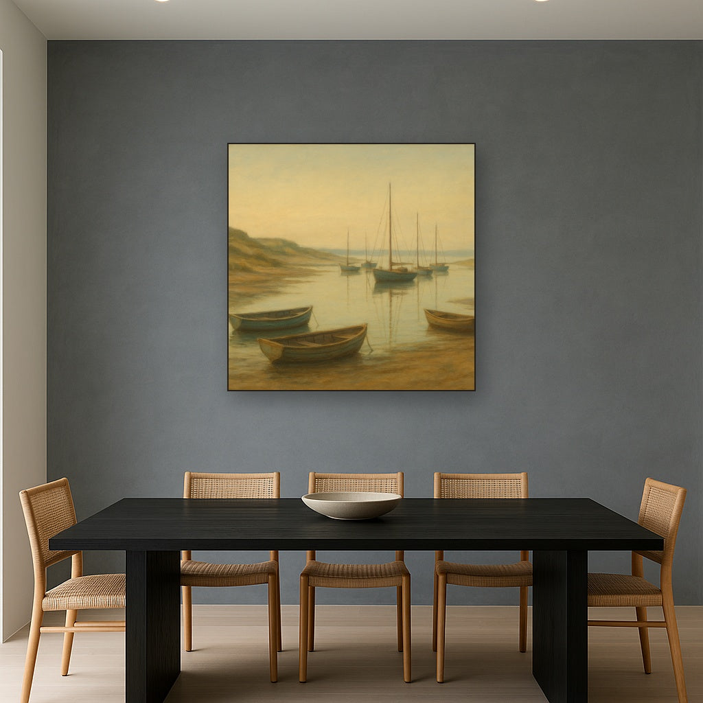 Quiet Fishing Harbor at Morning Low Tide No. 14 Oil Painting Staged Above Dining Room Credenza, Elegant Hand Painted Oil Art for Dining Room Walls