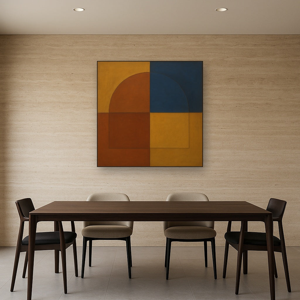 Bauhaus Quadrant Harmony in Primary Earth Tones No. 23 Oil Painting Staged Above Dining Room Credenza, Elegant Hand Painted Oil Art for Dining Room Walls