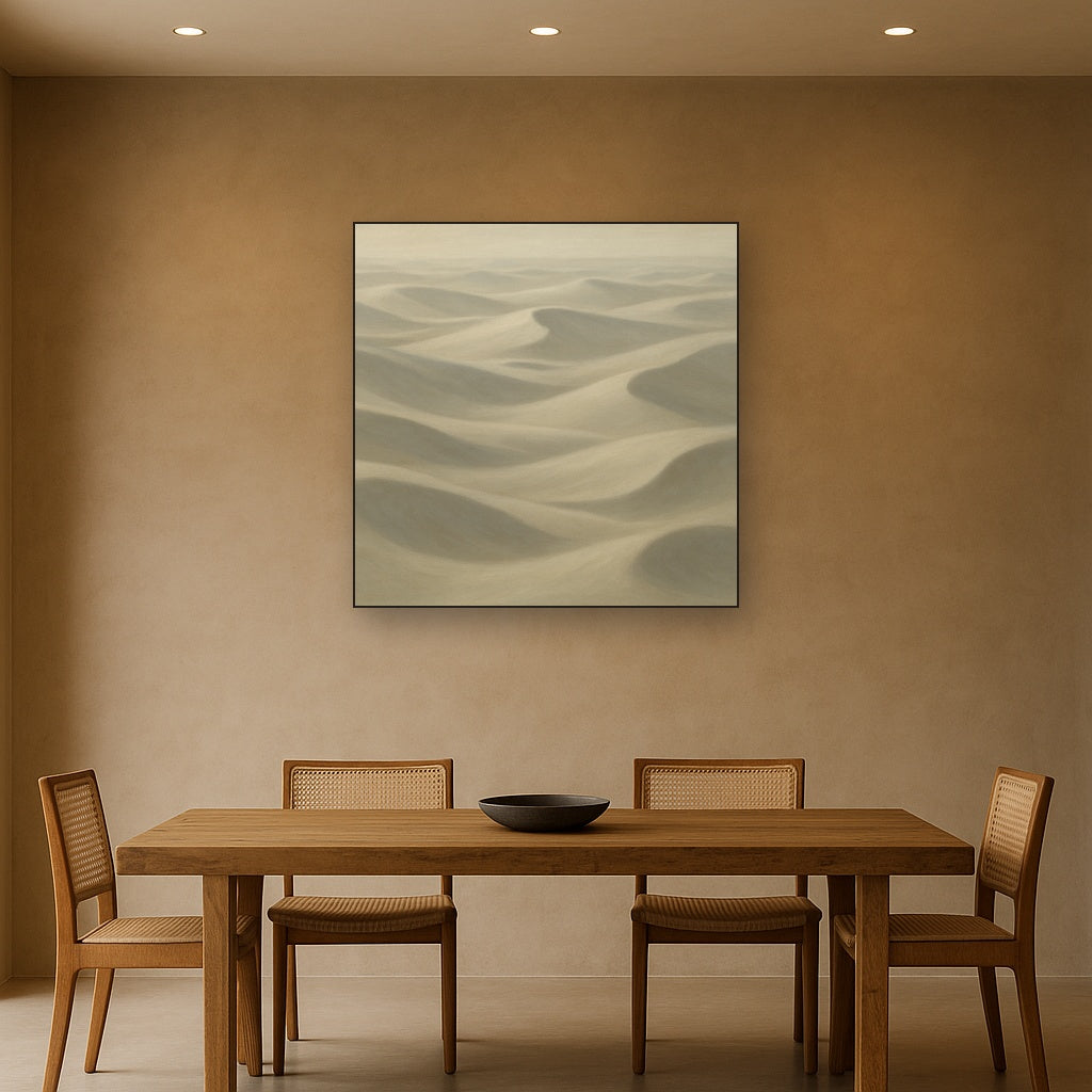 Monochrome Sand Dune Contours & Pale Slate No. 24 Oil Painting Staged Above Dining Room Credenza, Elegant Hand Painted Oil Art for Dining Room Walls