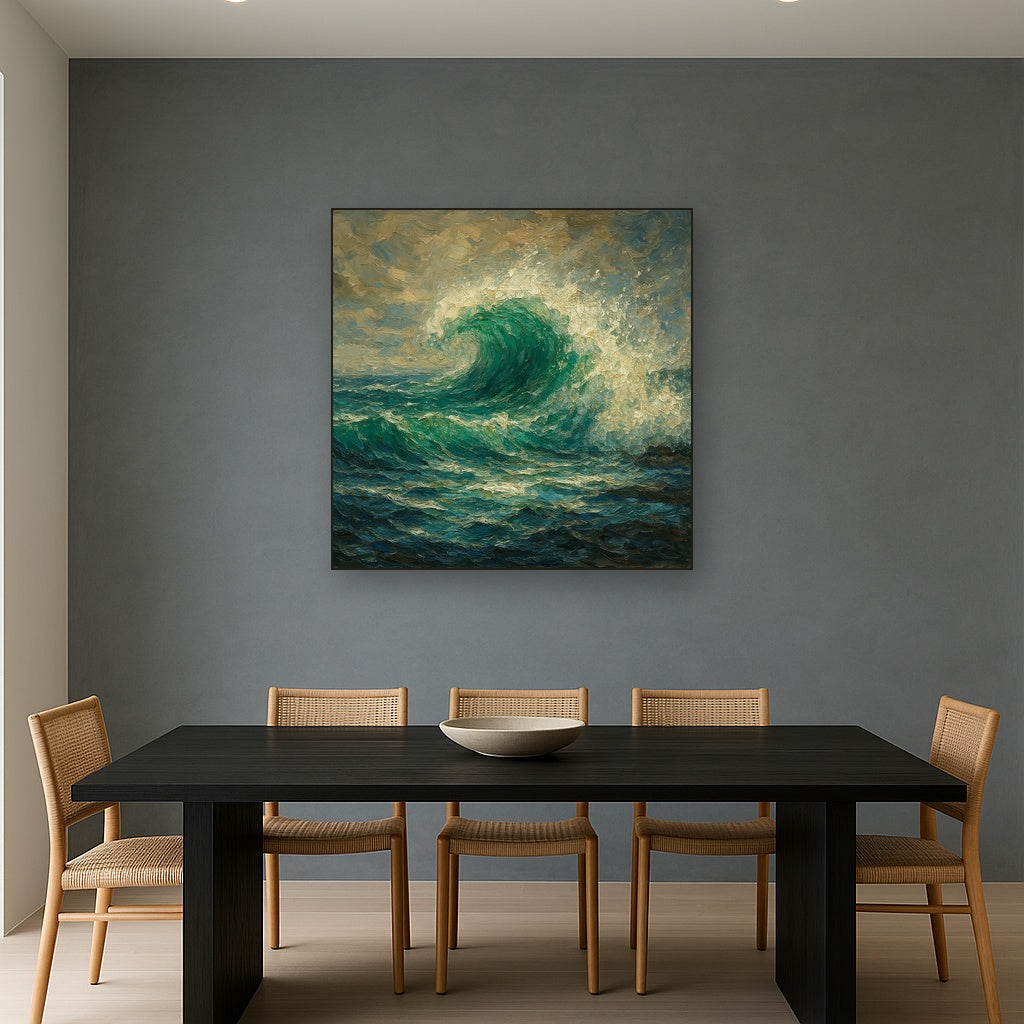 Emerald Surf Surge Coastal Oil Painting - Styled in Elegant Dining Room