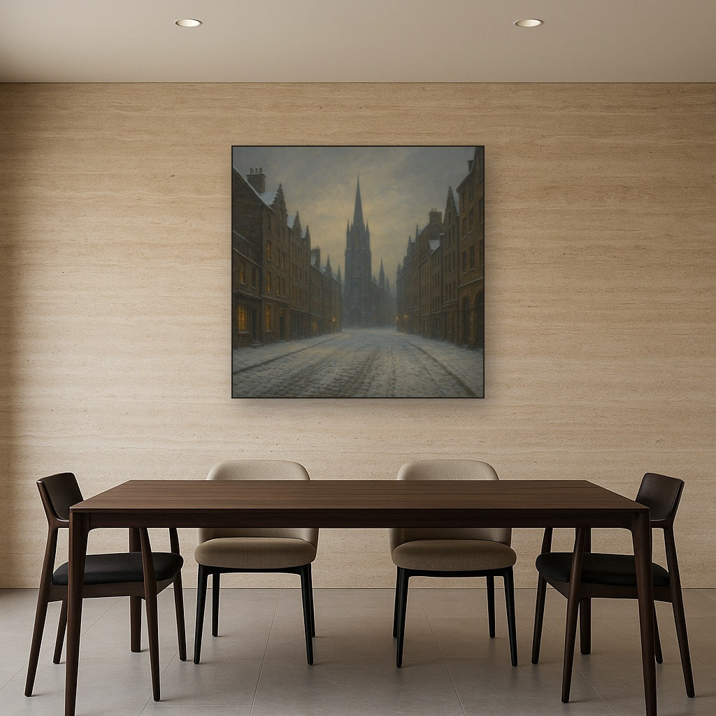 Edinburgh Old Town Royal Mile in Snow No. 21 Oil Painting Staged Above Dining Room Credenza, Elegant Hand Painted Oil Art for Dining Room Walls