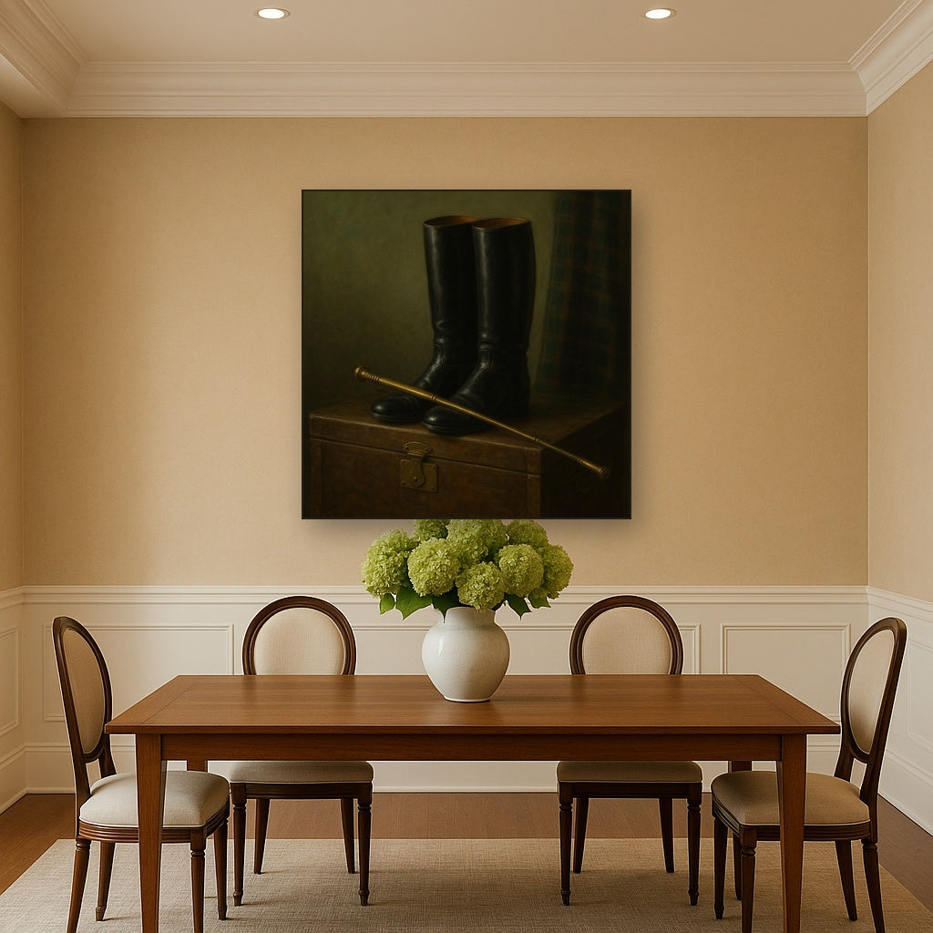 Vintage Riding Boots & Brass Crop on Trunk Oil Painting - View 4
