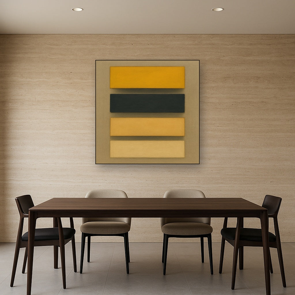 Stacked Horizon Blocks in Mustard & Charcoal No. 14 Oil Painting Staged Above Dining Room Credenza, Elegant Hand Painted Oil Art for Dining Room Walls