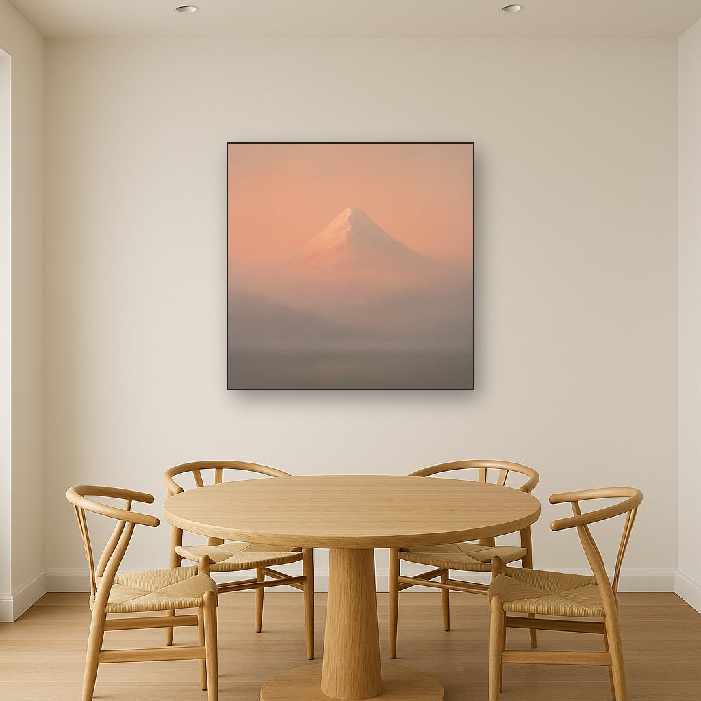 Pale Alpenglow over Distant Glacial Peak No. 24 Oil Painting Staged Above Dining Room Credenza, Elegant Hand Painted Oil Art for Dining Room Walls