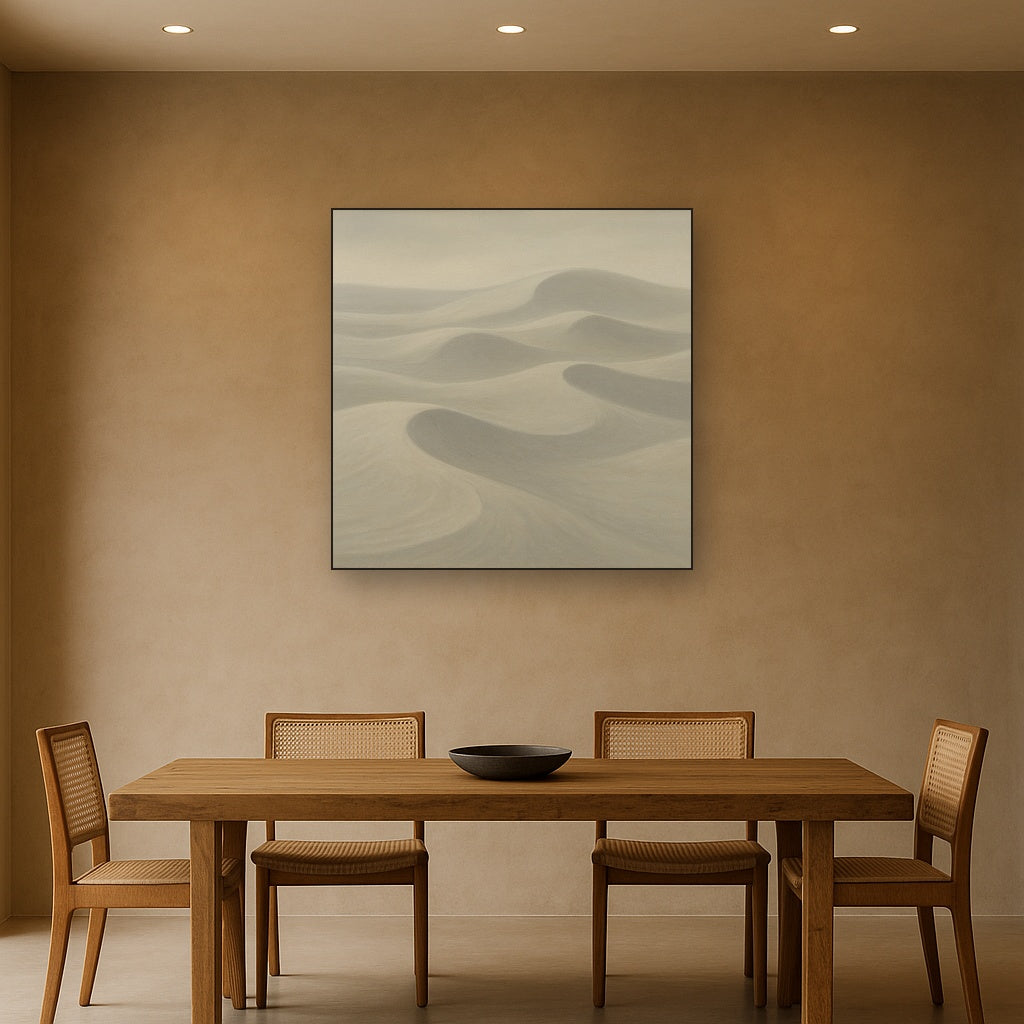 Monochrome Sand Dune Contours & Pale Slate No. 27 Oil Painting Staged Above Dining Room Credenza, Elegant Hand Painted Oil Art for Dining Room Walls