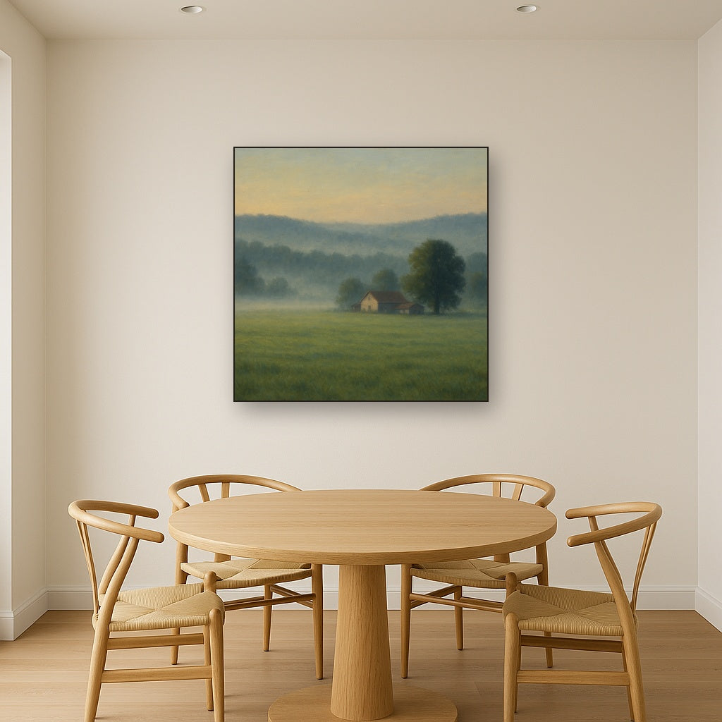 Misty Morning Pasture with Distant Wooded Ridge Fine Art Oil Painting - View 4