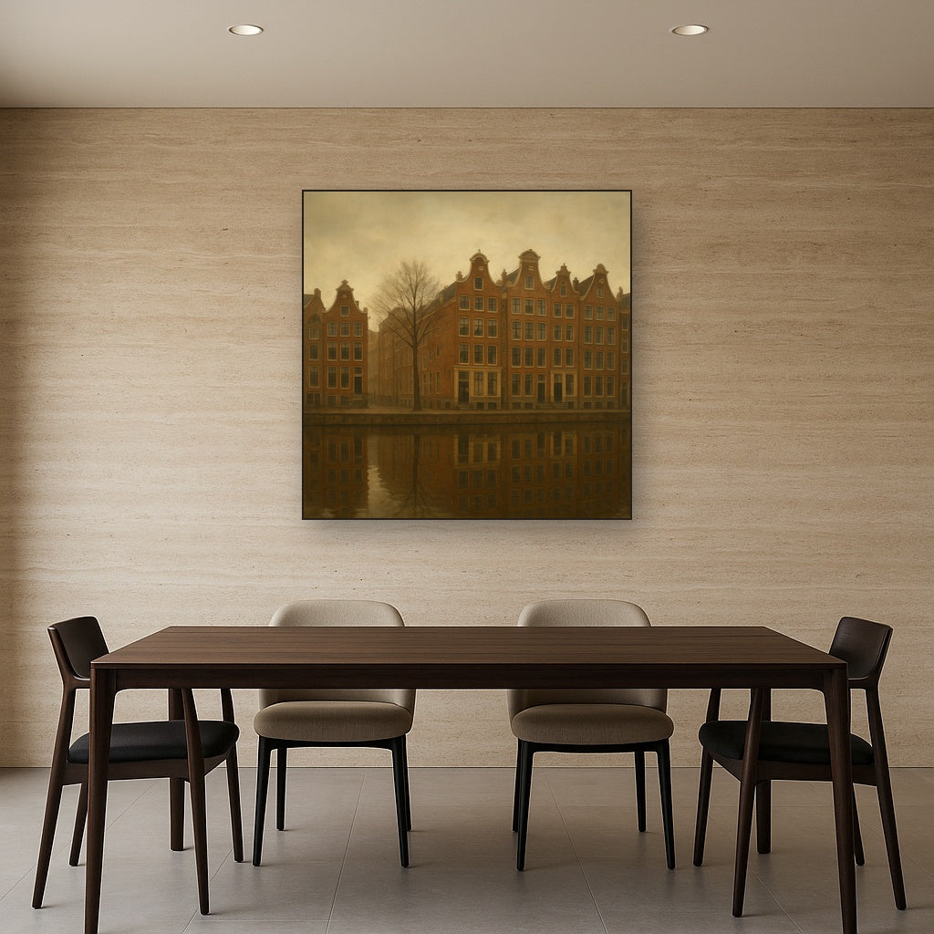 Amsterdam Canal Houses Under Overcast Sky No. 18 Oil Painting Staged Above Dining Room Credenza, Elegant Hand Painted Oil Art for Dining Room Walls