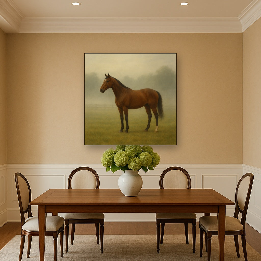 Thoroughbred in Morning Pasture Mist No. 17 Oil Painting - View 4