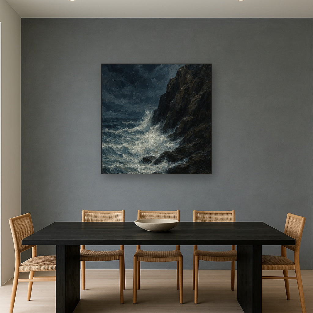 Stormy Cape Lighthouse Seascape Oil Painting - Styled in Elegant Dining Room