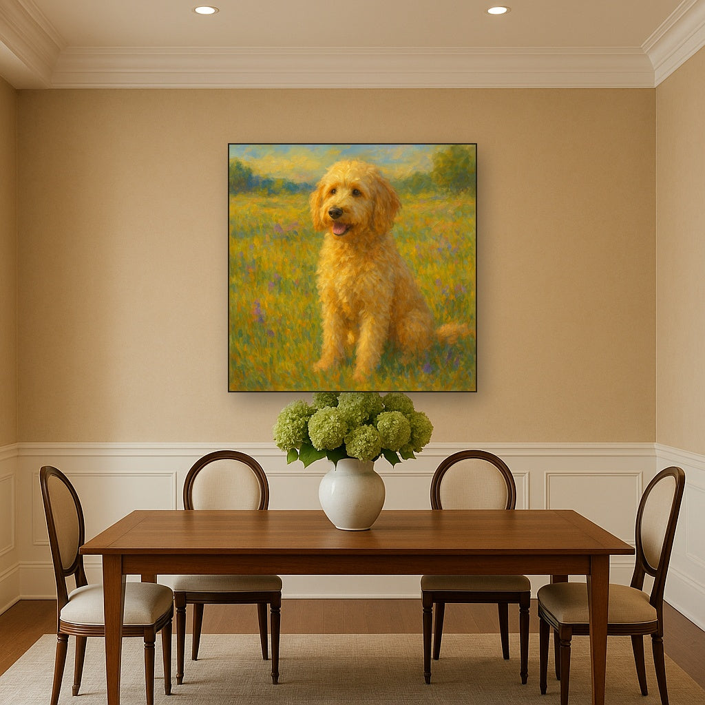 Fluffy Goldendoodle in Sun-Drenched Meadow No. 2 Fine Art Oil Painting - View 4