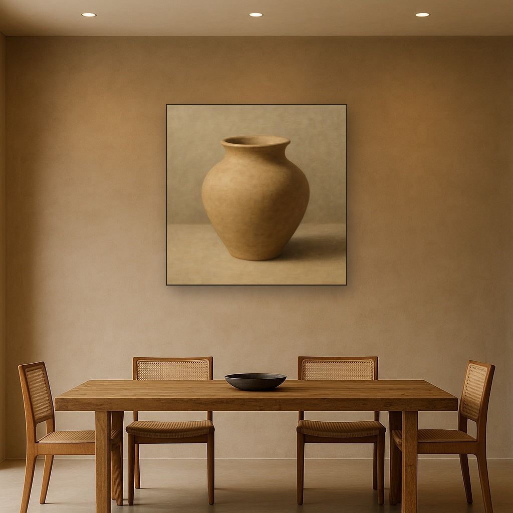 Organic Clay Vessel & Solitary Shadow No. 12 Oil Painting Staged Above Dining Room Credenza, Elegant Hand Painted Oil Art for Dining Room Walls