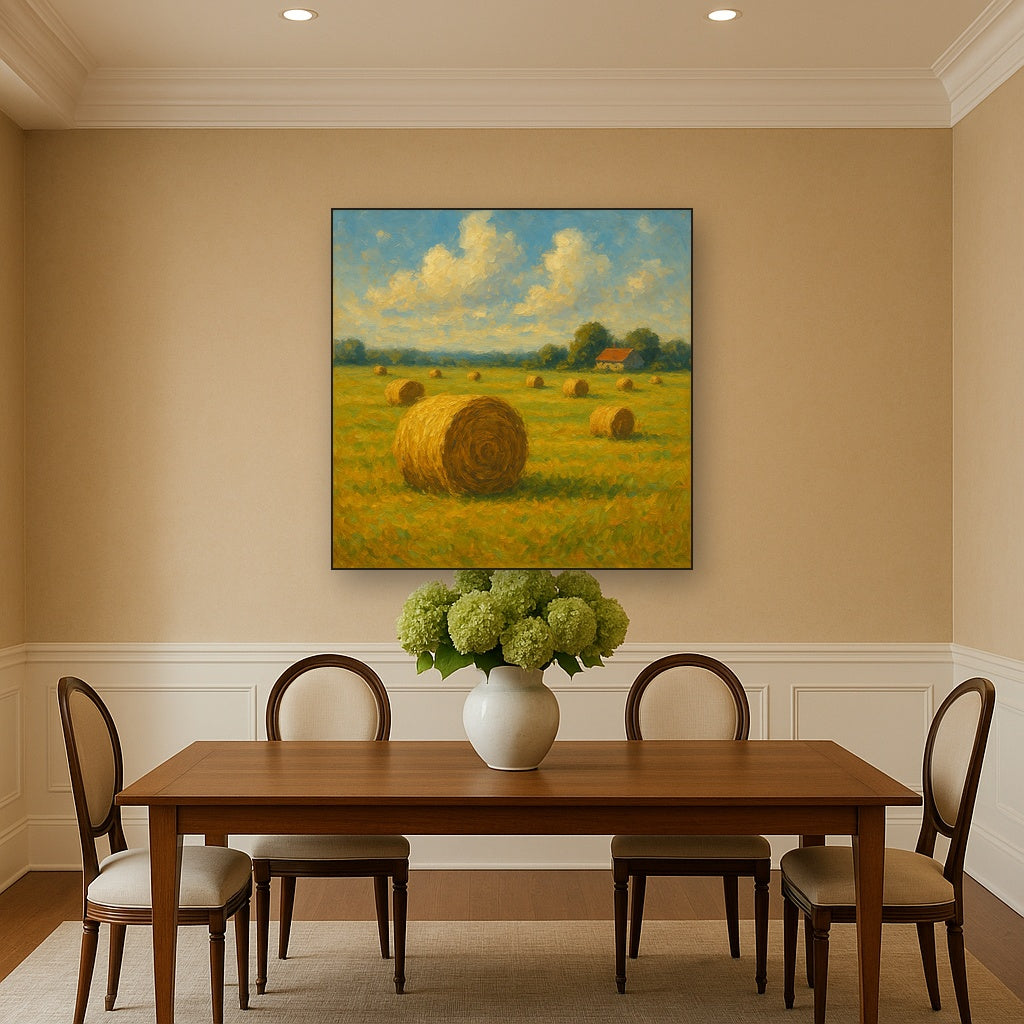 Rolling Meadow Hay Bales Horizon No. 4 Oil Painting - Styled in Elegant Dining Room