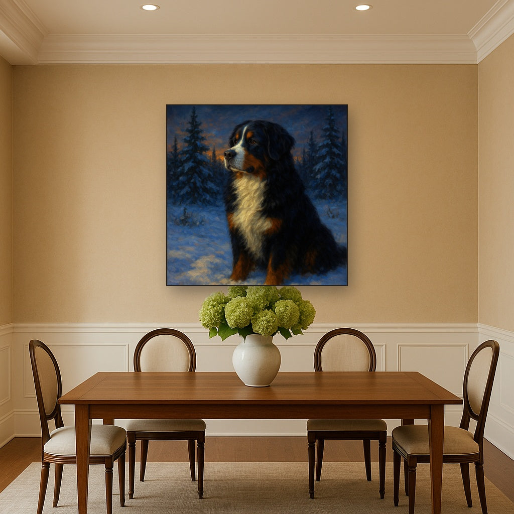 Bernese Mountain Dog in Winter Snowscape No. 12 Fine Art Oil Painting - View 4