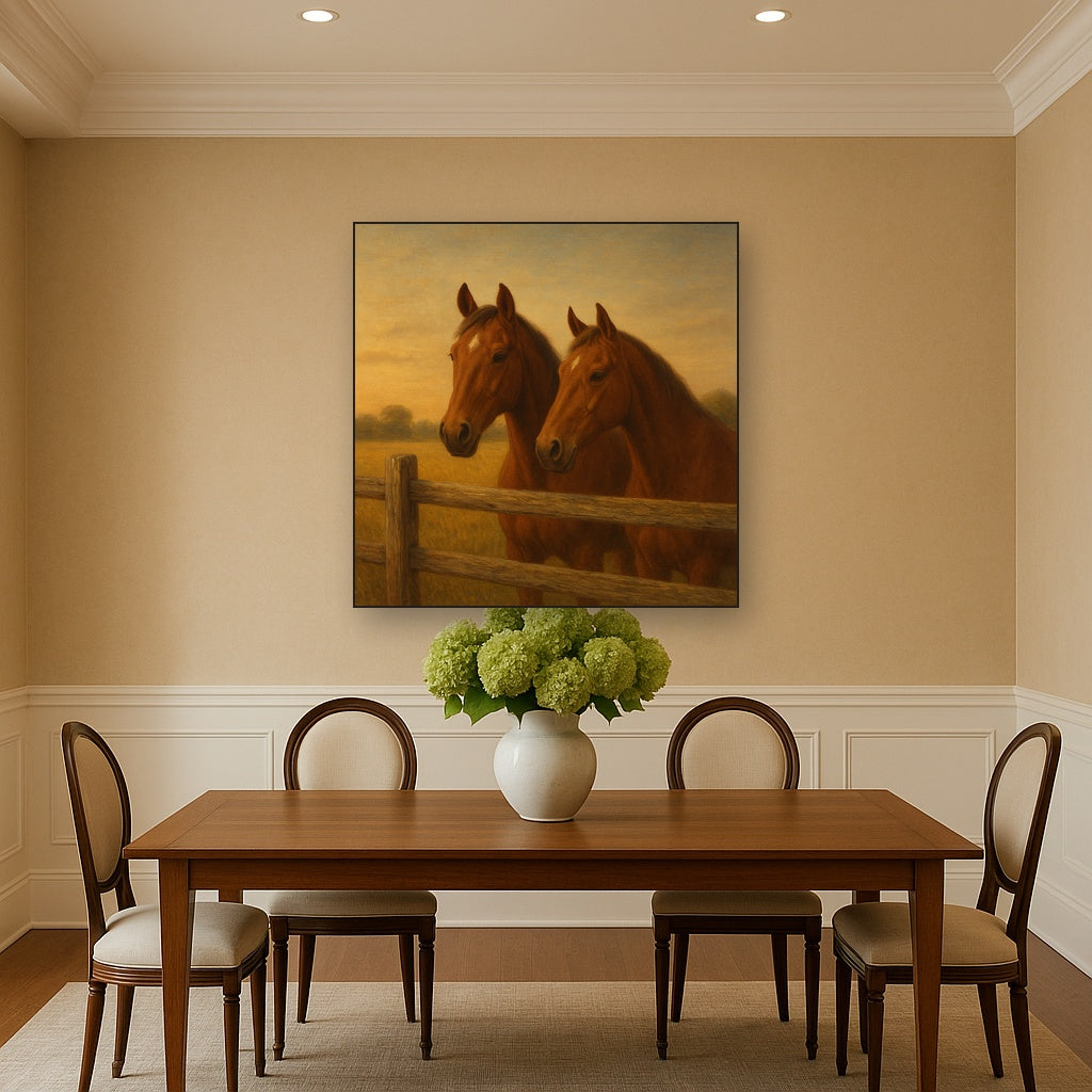 Two Horses at Rustic Post & Rail Fence No. 10 Oil Painting - View 4