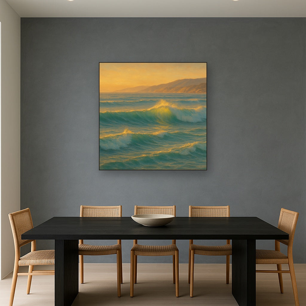 Golden Hour Sunlight on Ocean Swells No. 14 Oil Painting Staged Above Dining Room Credenza, Elegant Hand Painted Oil Art for Dining Room Walls