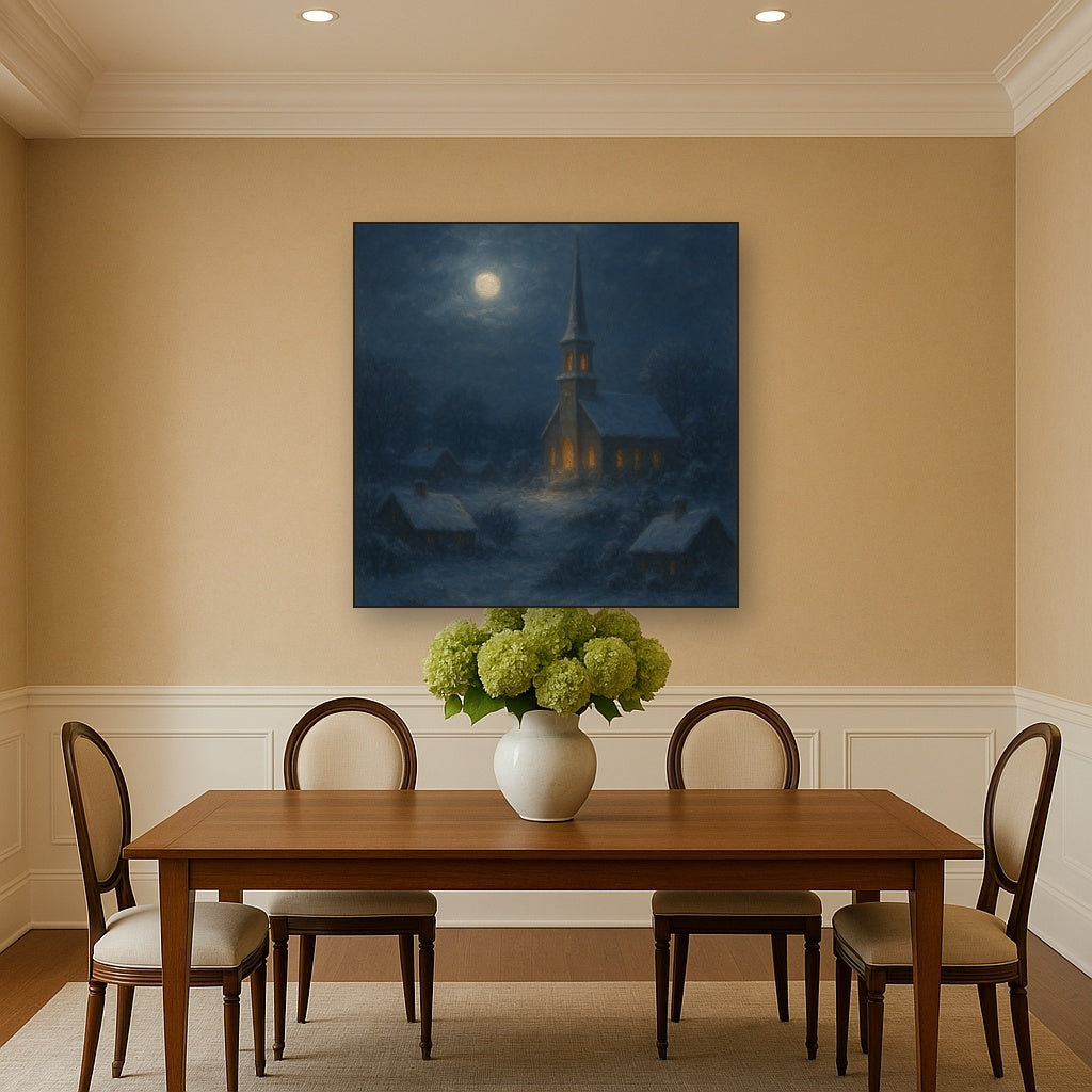 Moonlight Over Snowy Village Steeple No. 8 Oil Painting - View 4