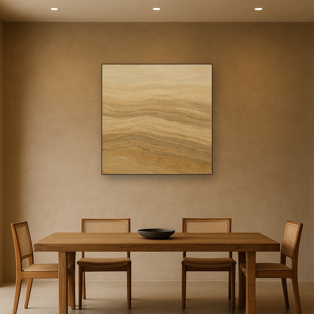 Weathered Mineral Sediments in Warm Ecru No. 27 Oil Painting Staged Above Dining Room Credenza, Elegant Hand Painted Oil Art for Dining Room Walls