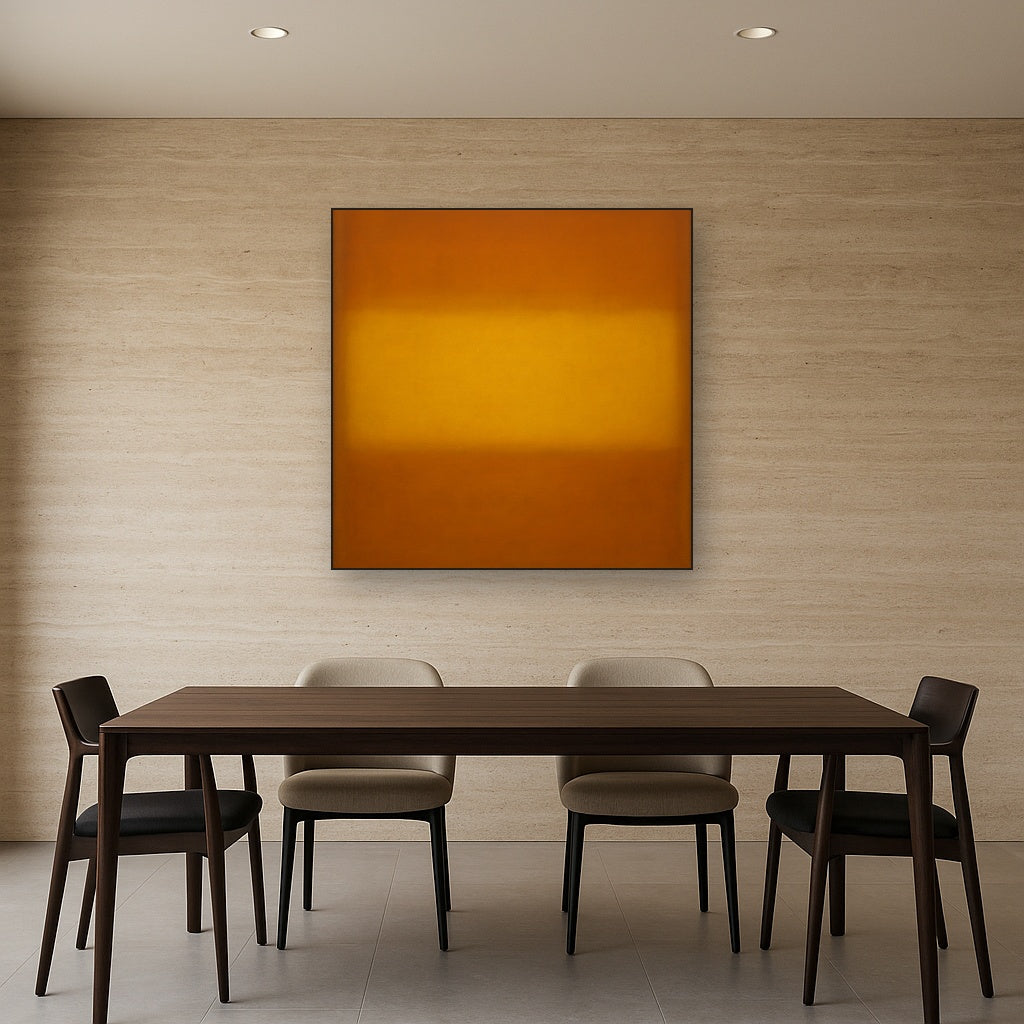 Warm Amber & Raw Sienna Sunset Meditation No. 27 Oil Painting Staged Above Dining Room Credenza, Elegant Hand Painted Oil Art for Dining Room Walls
