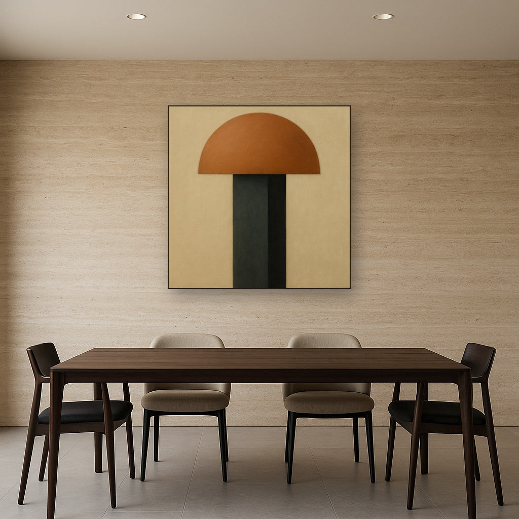 Semicircle Horizon & Minimalist Pillar No. 6 Oil Painting Staged Above Dining Room Credenza, Elegant Hand Painted Oil Art for Dining Room Walls