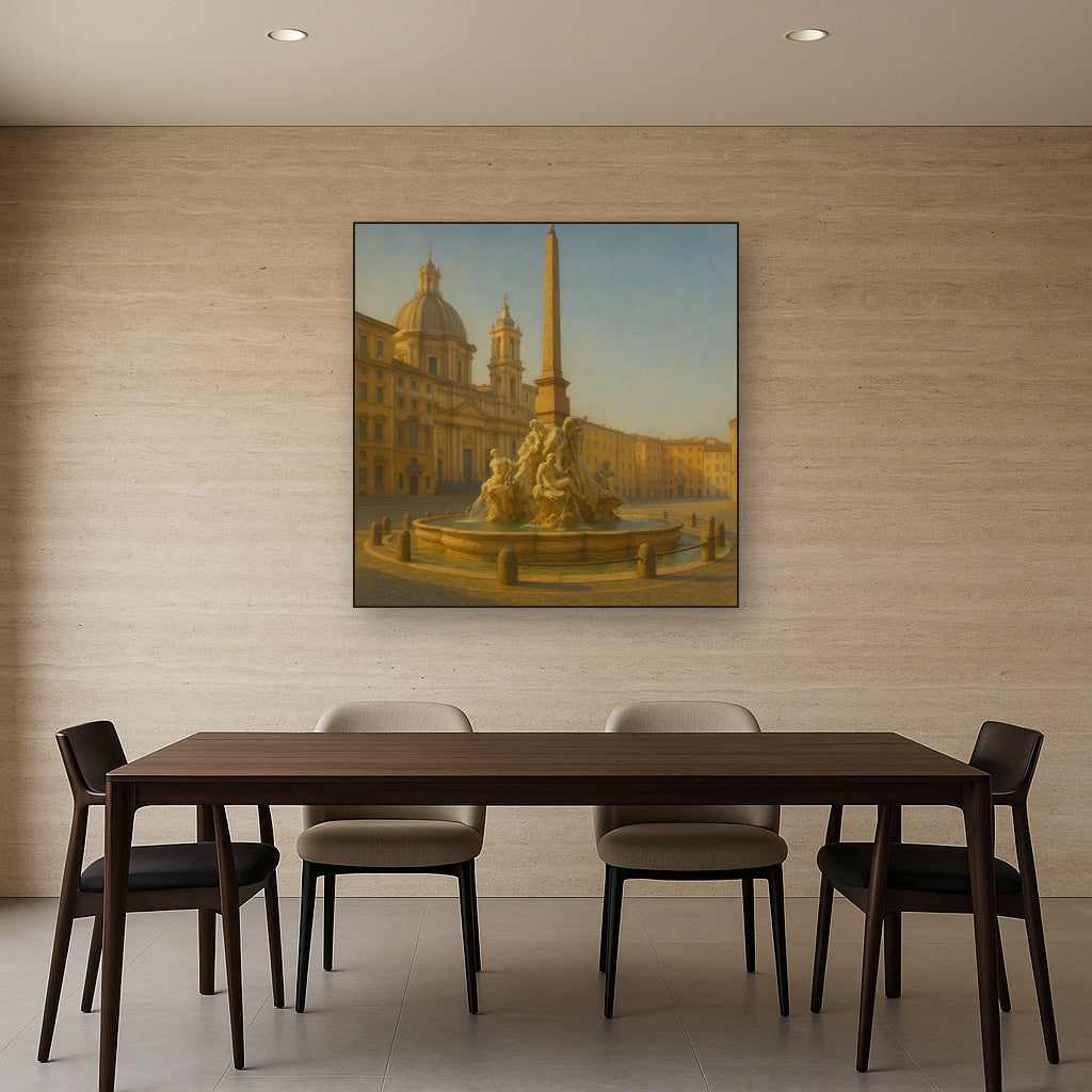 Rome Piazza Fountain in Morning Sunlight No. 13 Oil Painting Staged Above Dining Room Credenza, Elegant Hand Painted Oil Art for Dining Room Walls