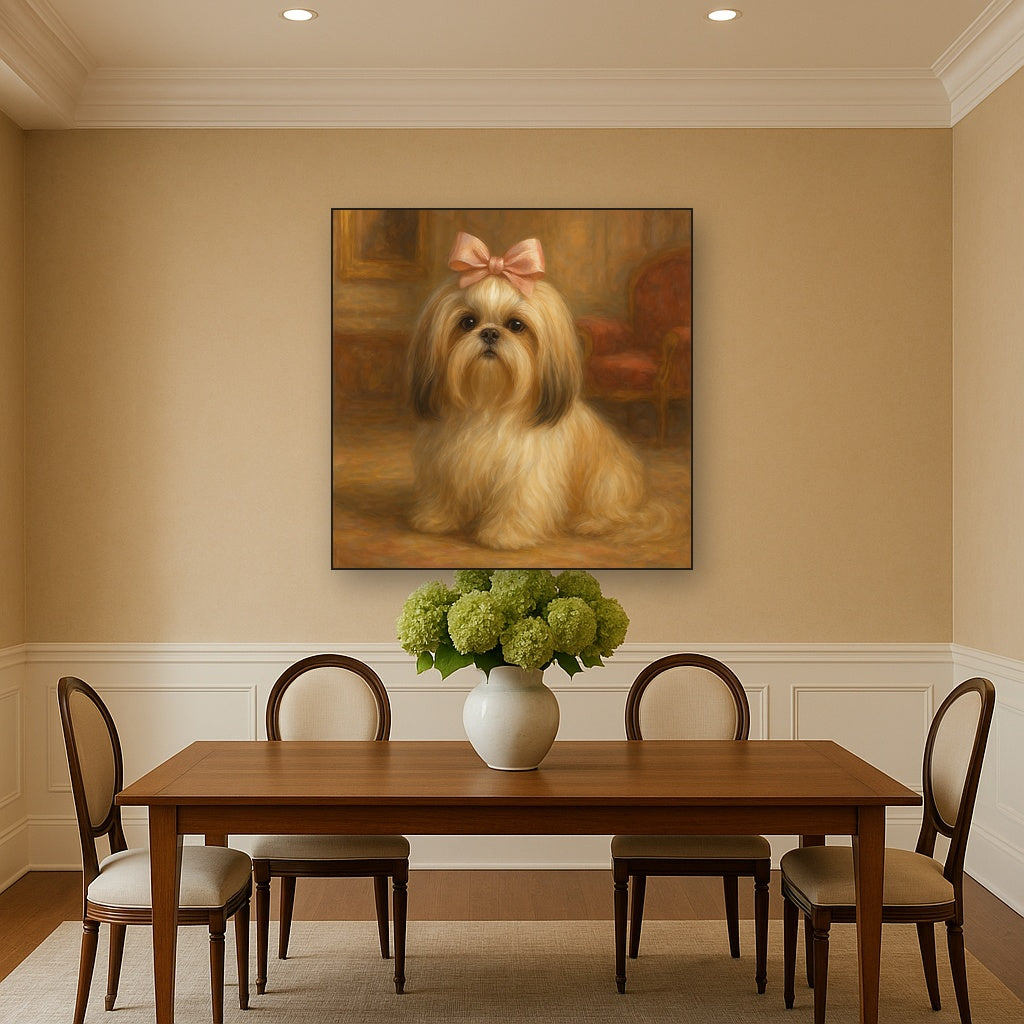 Sweet Shih Tzu with Silk Bow in Parlor Fine Art Oil Painting - View 4