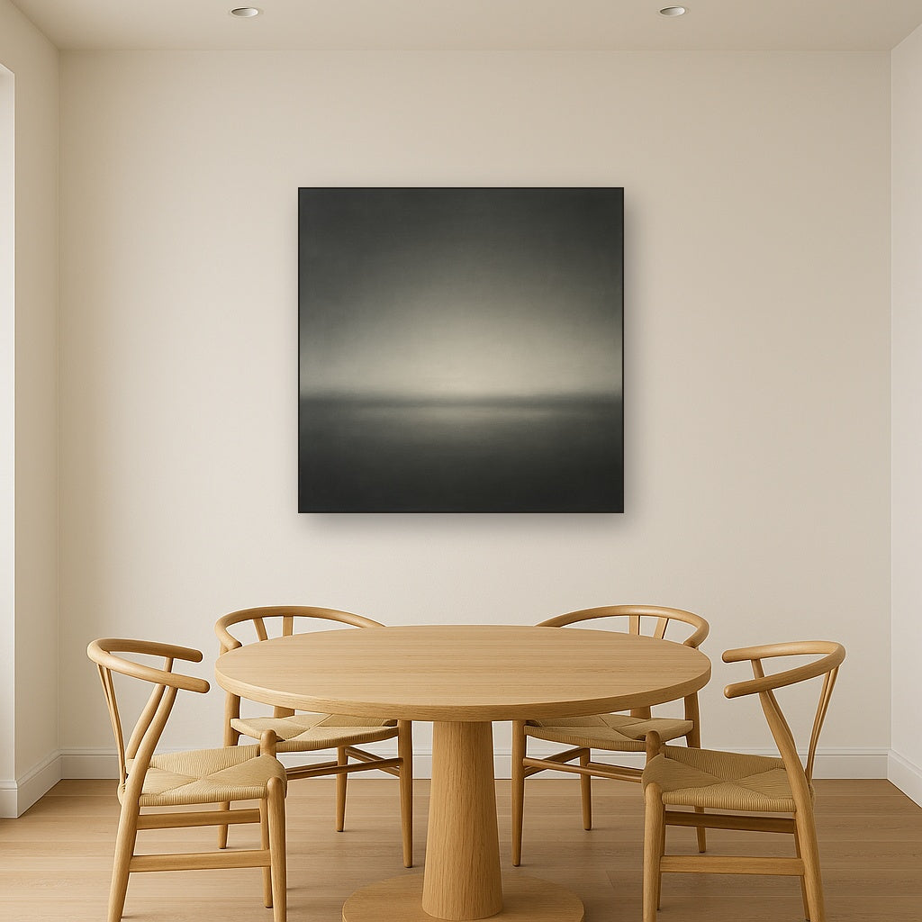 Monochrome Charcoal Drift & Soft Sfumato Horizon No. 4 Oil Painting Staged Above Dining Room Credenza, Elegant Hand Painted Oil Art for Dining Room Walls