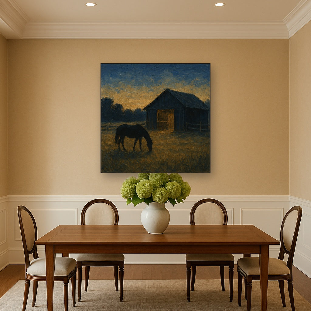 Rustic Equestrian Stable Silhouette No. 4 Oil Painting - Styled in Elegant Dining Room