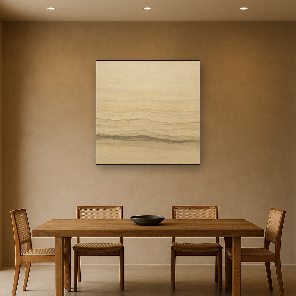 Raw Limestone Horizon & Washed Linen No. 10 Oil Painting Staged Above Dining Room Credenza, Elegant Hand Painted Oil Art for Dining Room Walls
