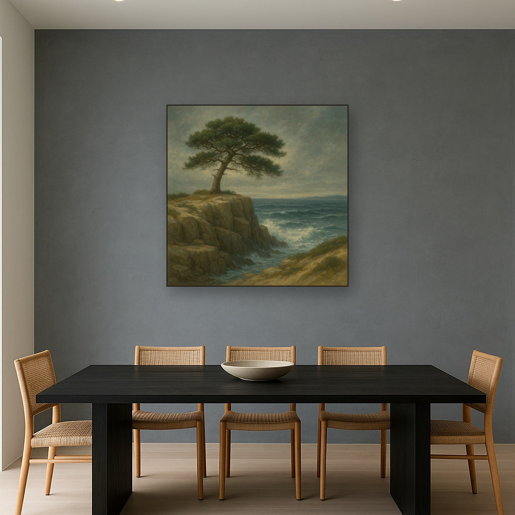 Wild Coastal Pine on Stormy Granite Cliff No. 17 Oil Painting Staged Above Dining Room Credenza, Elegant Hand Painted Oil Art for Dining Room Walls