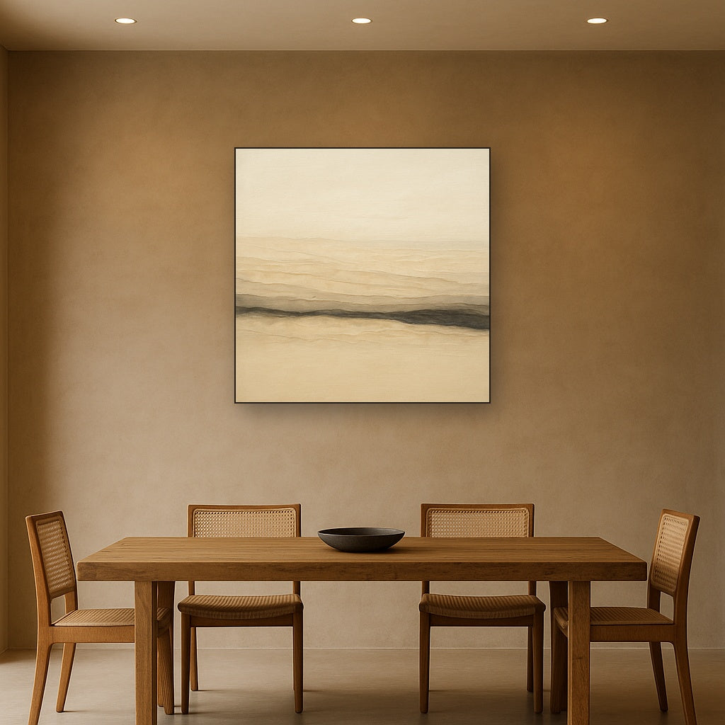 Raw Limestone Horizon & Washed Linen No. 4 Oil Painting Staged Above Dining Room Credenza, Elegant Hand Painted Oil Art for Dining Room Walls