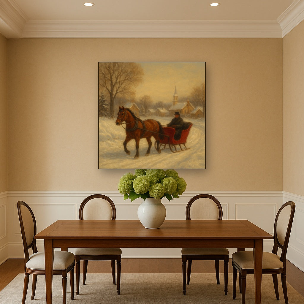 Horse-Drawn Sleigh on Village Snow Road No. 9 Oil Painting - View 4