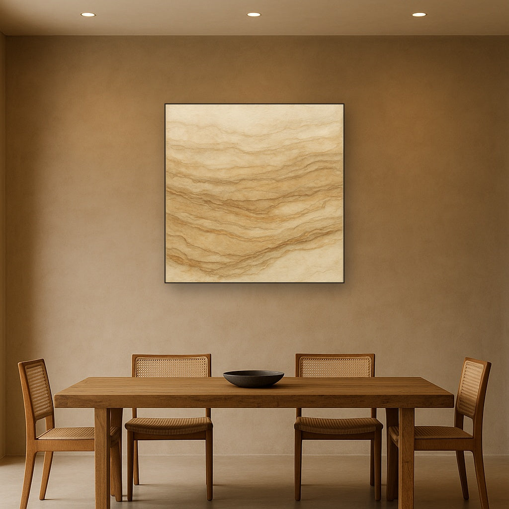 Weathered Mineral Sediments in Warm Ecru No. 2 Oil Painting Staged Above Dining Room Credenza, Elegant Hand Painted Oil Art for Dining Room Walls