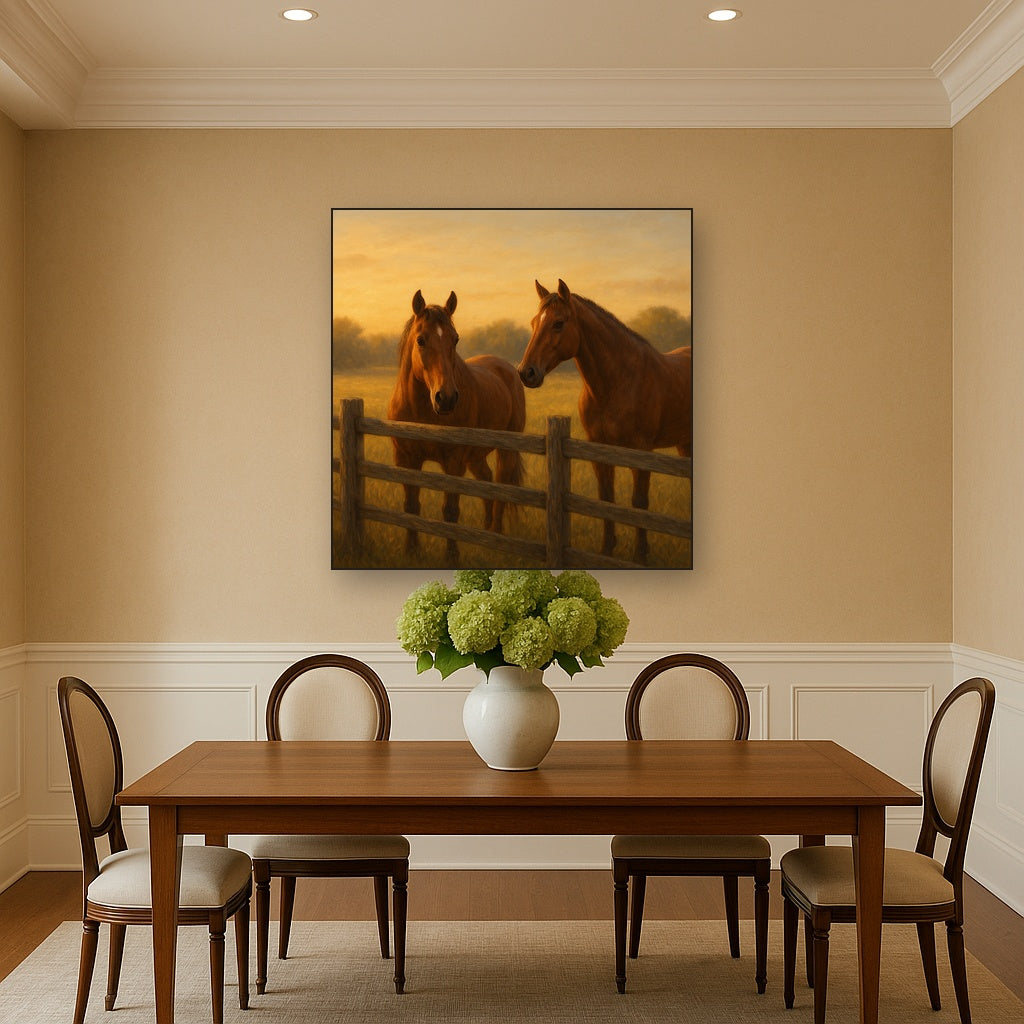 Two Horses at Rustic Post & Rail Fence No. 8 Oil Painting - View 4