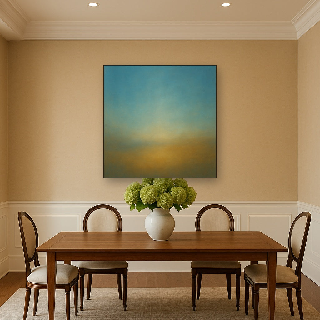 Celestial Azure & Warm Ochre Equilibrium No. 20 Oil Painting Staged Above Dining Room Credenza, Elegant Hand Painted Oil Art for Dining Room Walls