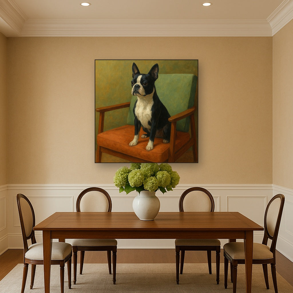 Boston Terrier in Warm Mid-Century Armchair No. 14 Fine Art Oil Painting - View 4