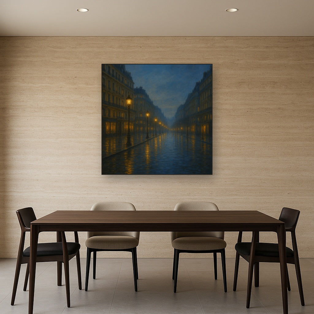 Rainy Parisian Boulevard at Twilight No. 23 Oil Painting Staged Above Dining Room Credenza, Elegant Hand Painted Oil Art for Dining Room Walls