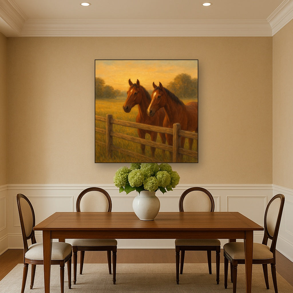 Two Horses at Rustic Post & Rail Fence No. 20 Oil Painting - View 4