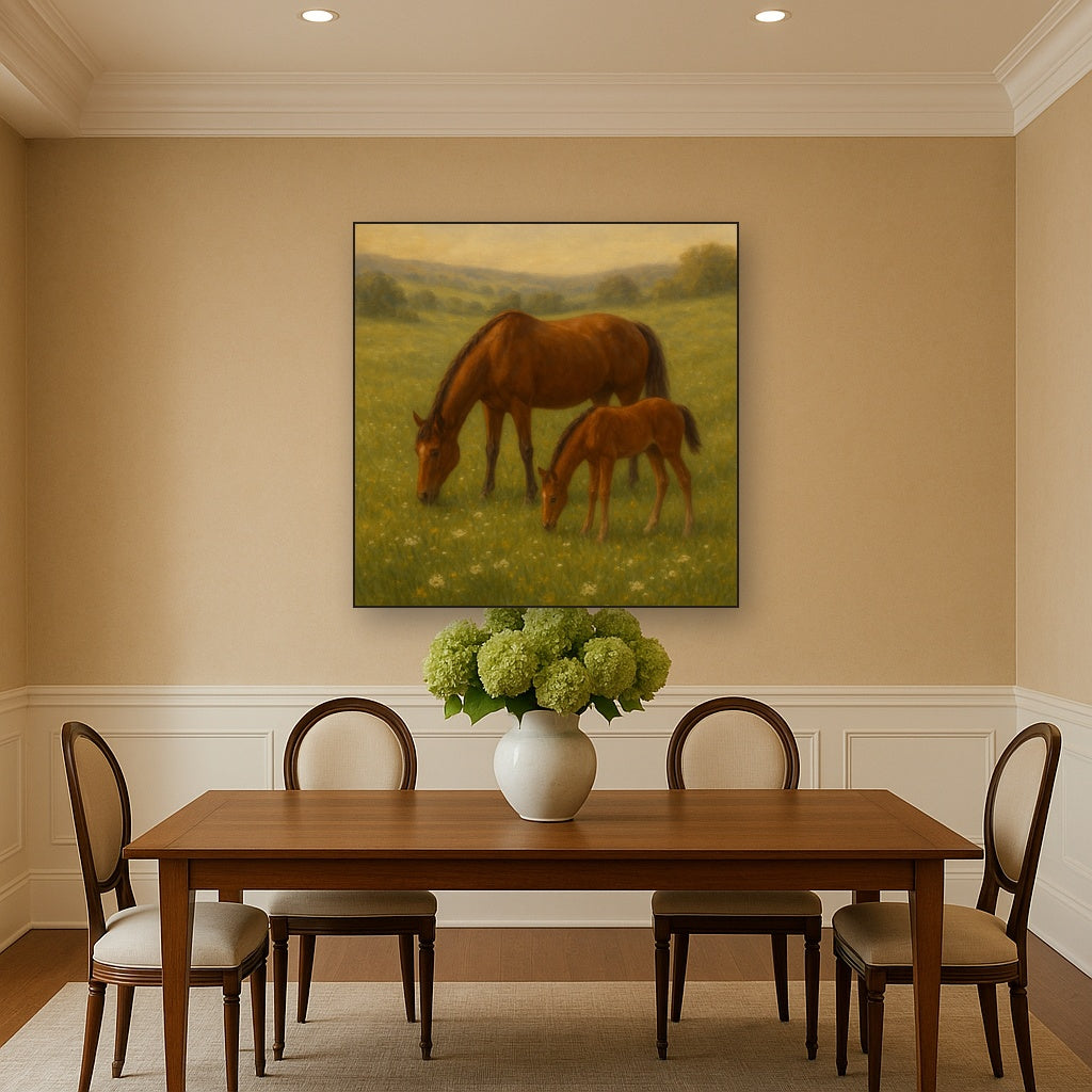 Mares & Foals Grazing in Rolling Meadow No. 18 Oil Painting - View 4