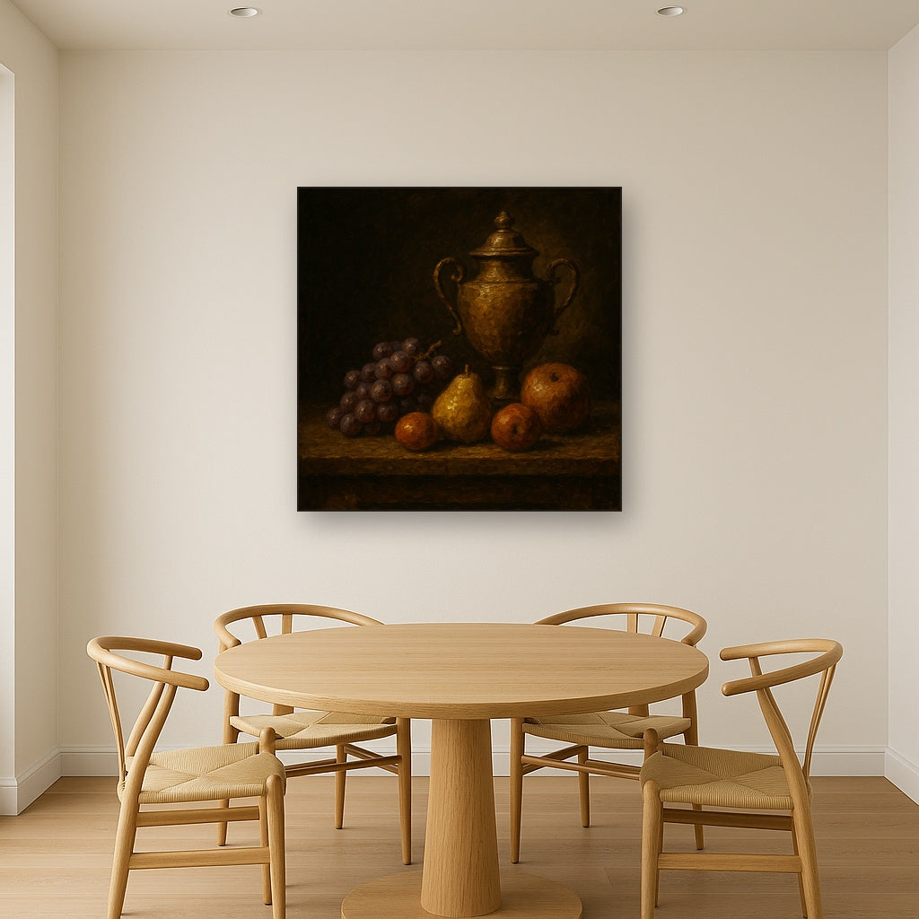 Classical Chiaroscuro Fruit & Urn Still Life No. 4 Oil Painting - Styled in Elegant Dining Room