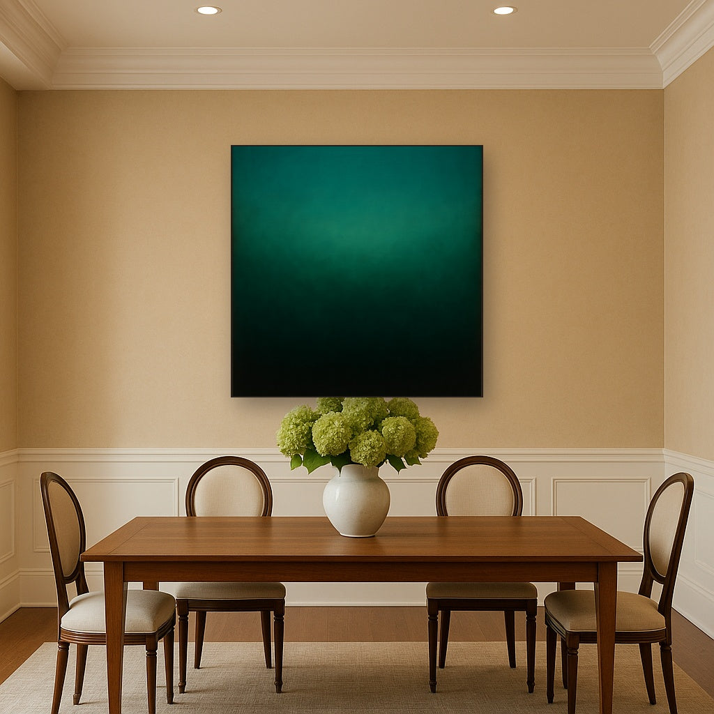 Midnight Teal & Deep Malachite Gradient No. 15 Oil Painting Staged Above Dining Room Credenza, Elegant Hand Painted Oil Art for Dining Room Walls