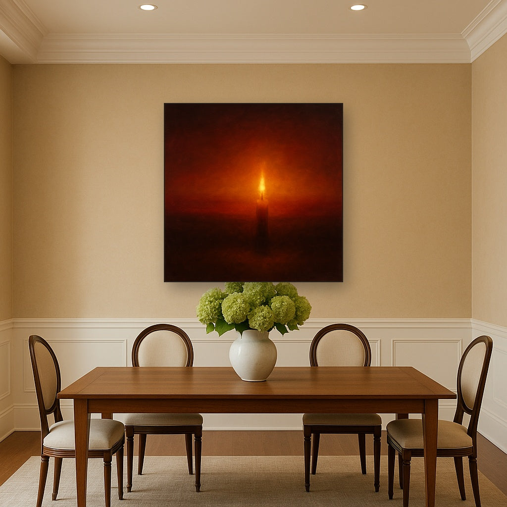 Deep Garnet & Amber Candlelight Horizon No. 2 Oil Painting Staged Above Dining Room Credenza, Elegant Hand Painted Oil Art for Dining Room Walls