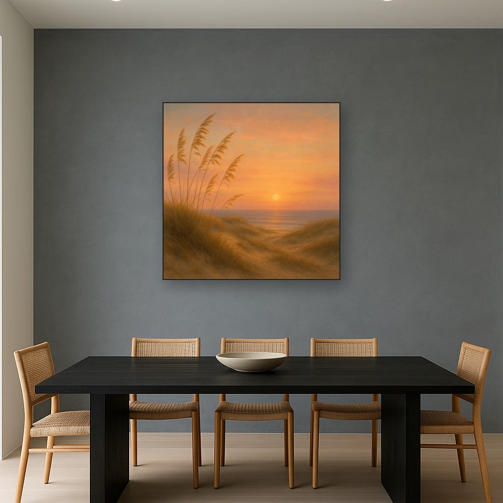 Sea Oats on Rolling Coastal Dunes at Sunset No. 2 Oil Painting Staged Above Dining Room Credenza, Elegant Hand Painted Oil Art for Dining Room Walls
