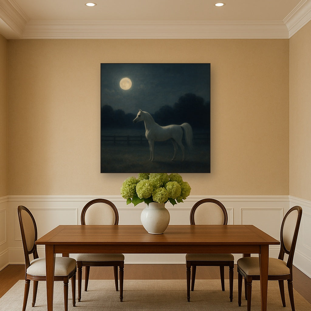 Moonlit Paddock with White Arabian Silhouette No. 19 Oil Painting - View 4