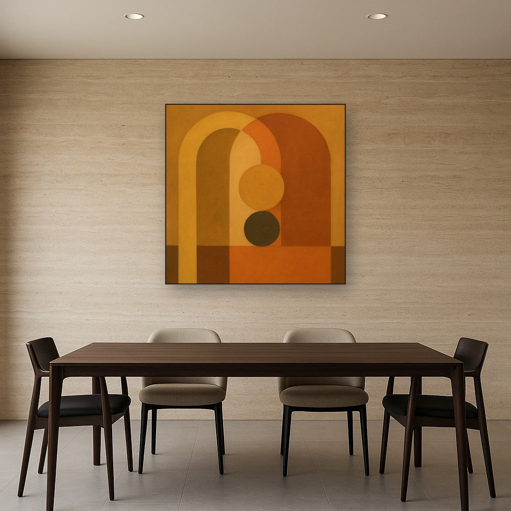 Arch & Circle Equilibrium in Warm Earth Tones No. 25 Oil Painting Staged Above Dining Room Credenza, Elegant Hand Painted Oil Art for Dining Room Walls
