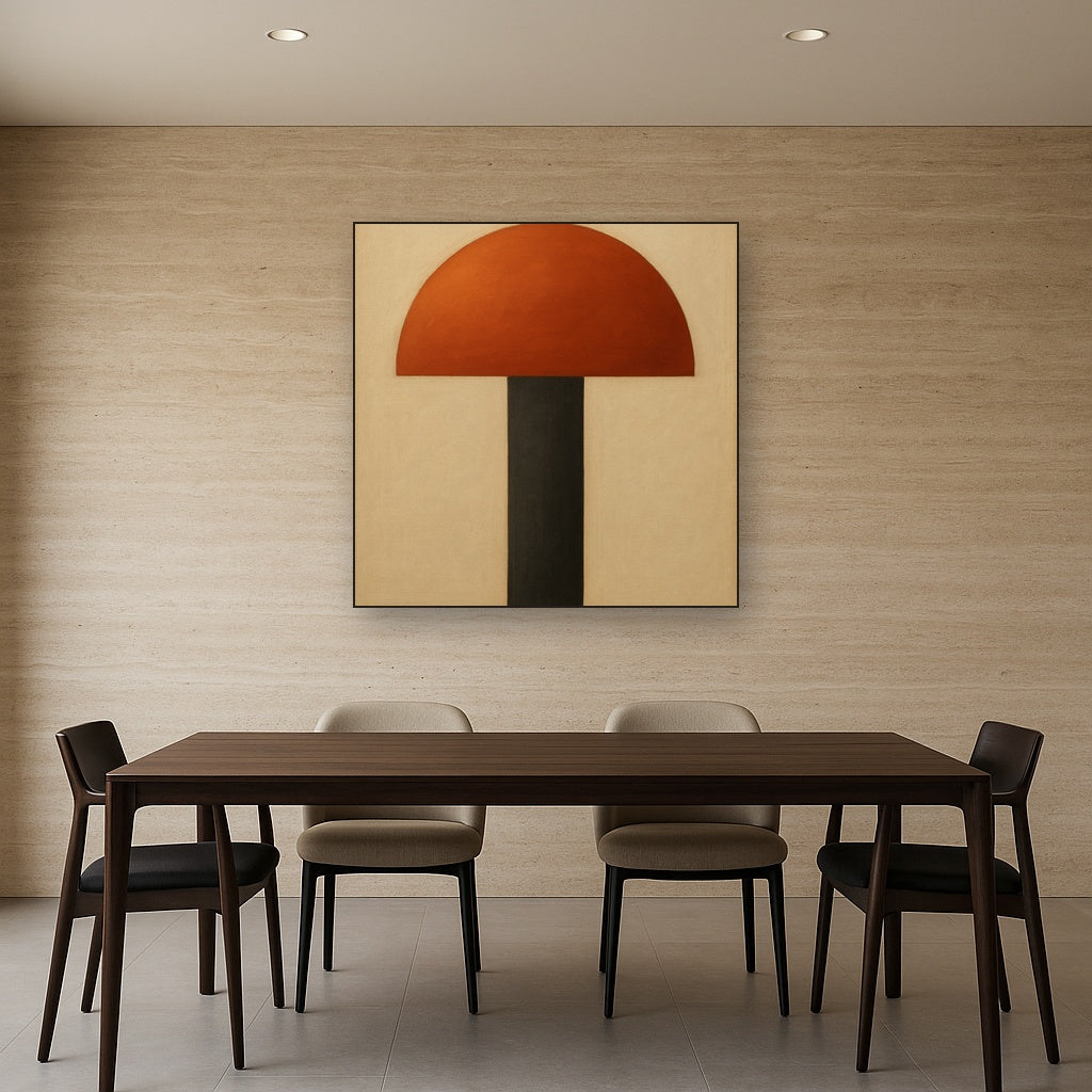 Semicircle Horizon & Minimalist Pillar No. 9 Oil Painting Staged Above Dining Room Credenza, Elegant Hand Painted Oil Art for Dining Room Walls