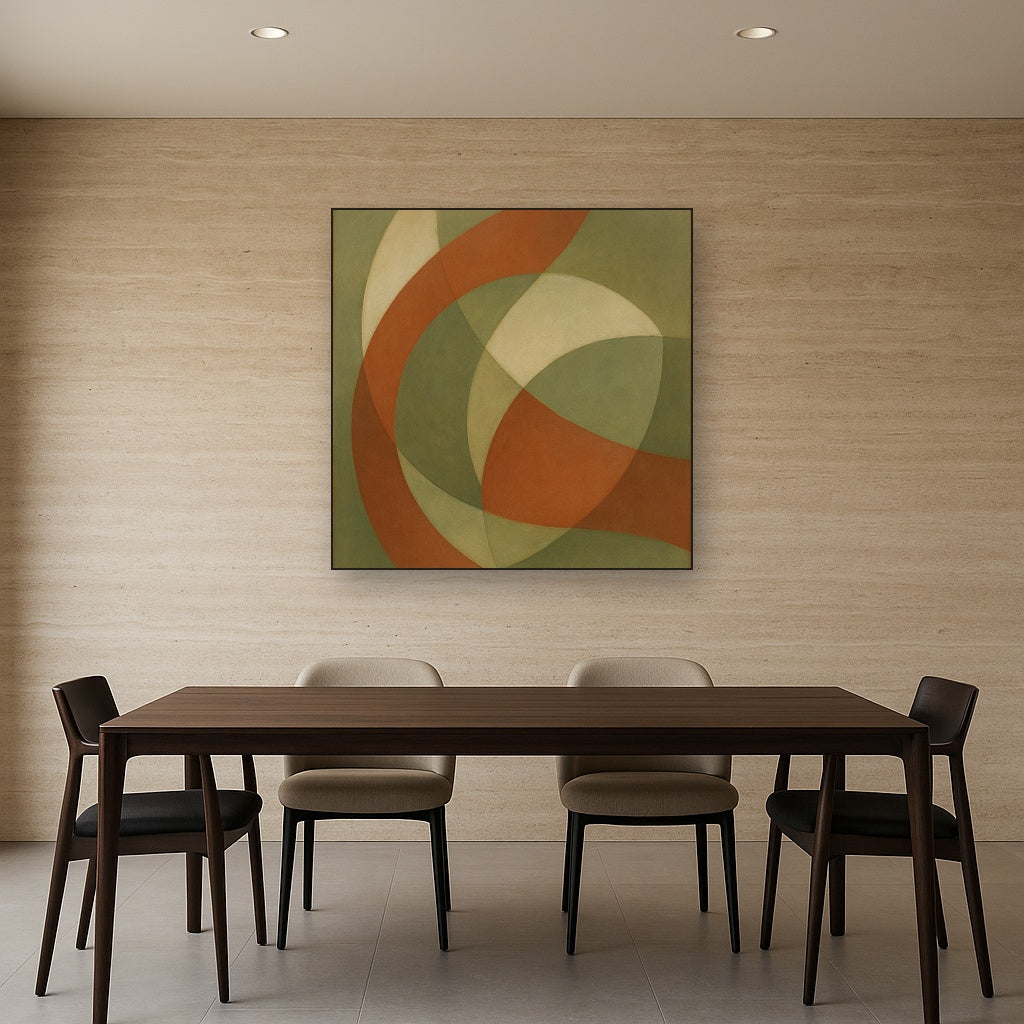 Intersecting Curved Forms in Olive & Rust No. 25 Oil Painting Staged Above Dining Room Credenza, Elegant Hand Painted Oil Art for Dining Room Walls
